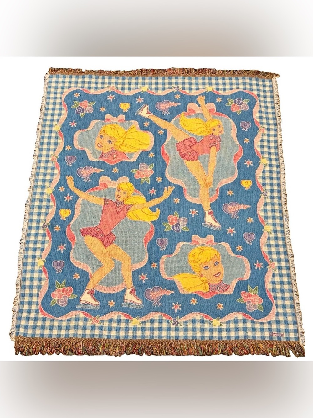 Mattel Barbie Doll Figure Skating Woven Throw Blanket Vintage Tapestry 55x47